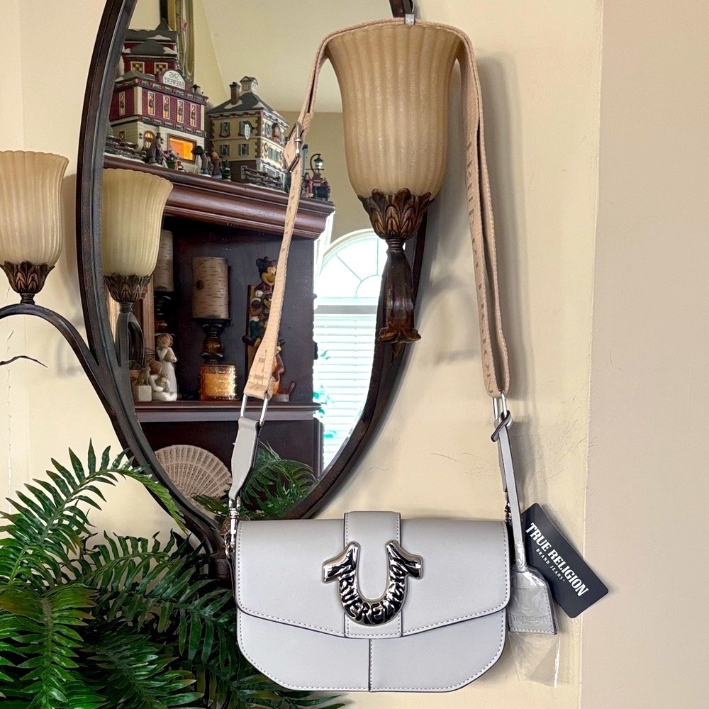Brand New True Religion Wide Strap Crossbody Bag Metal Logo Accent Light Gray